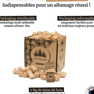 2Kgs allume-feu laine de bois et cire 100% naturel(160 à 170)